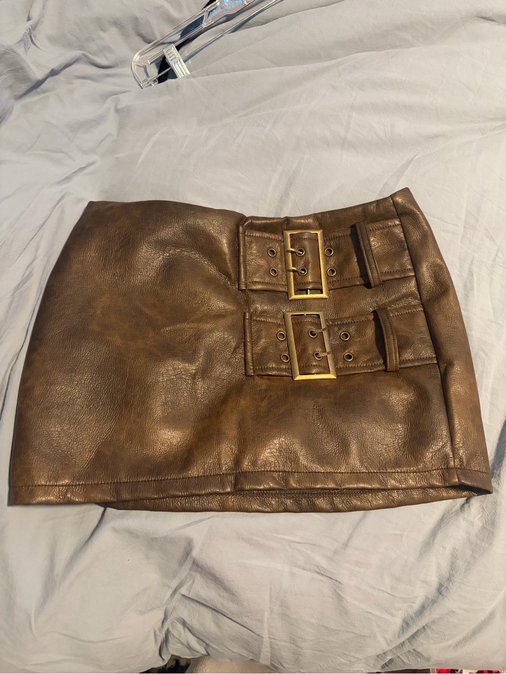 SHEIN Brown Faux Leather Mini Skirt with Double Gold Buckles